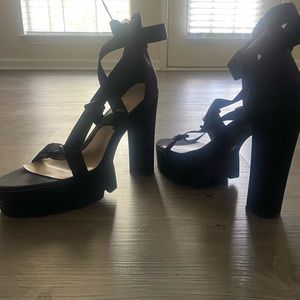 Open Toe Black Cross Strap Platform Block Heel